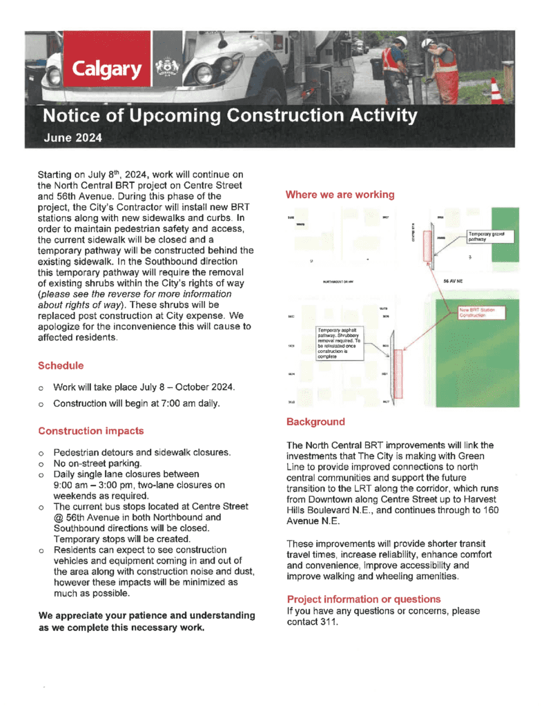Notice of BRT construction, 56 Ave & Centre St
